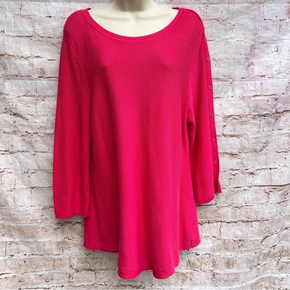 TALBOTS Pink Cotton Sweater Knit Top Blouse Button Accent Sleeve Sz L 3/4 Sleeve